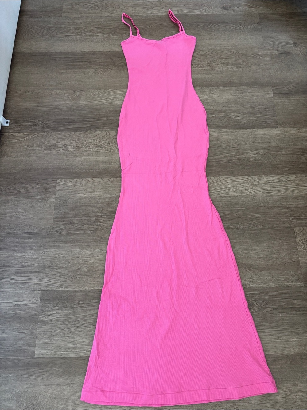 Bright Pink Slim RibbedMaxi Dress with Spaghetti Straps